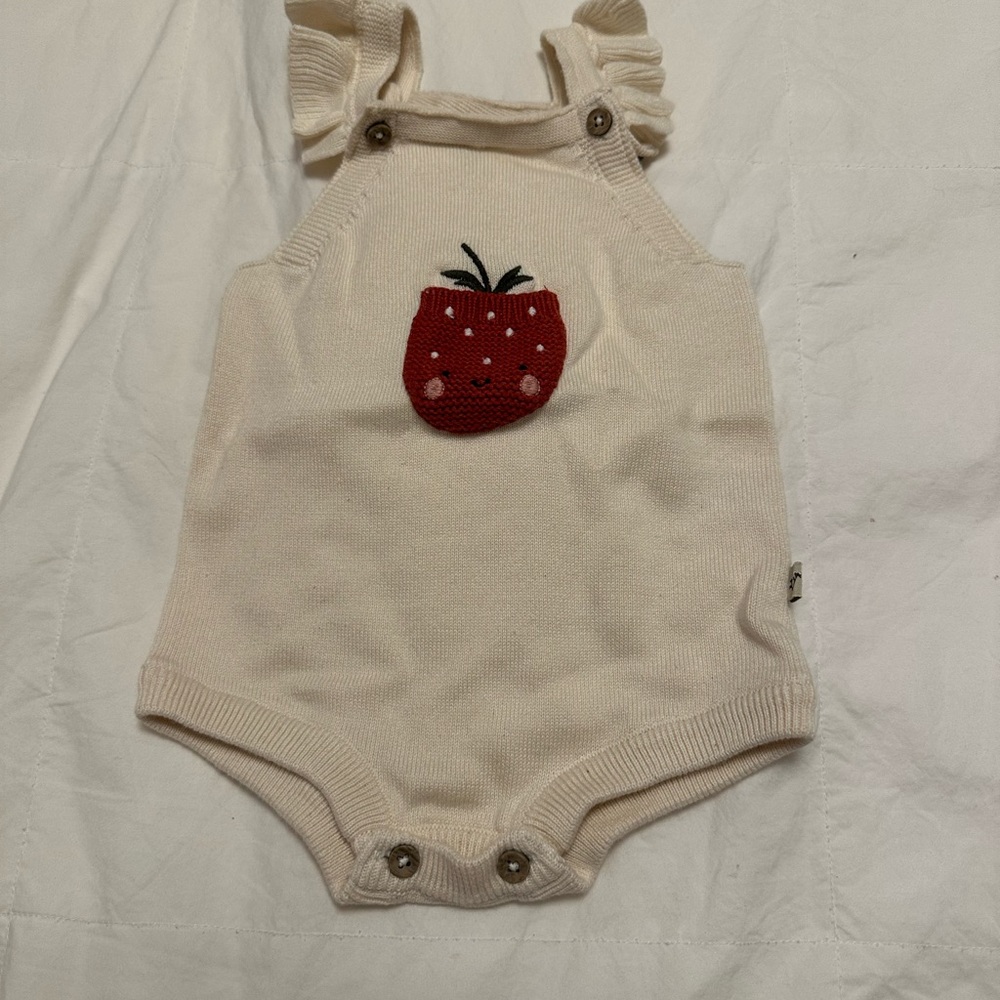 Cream and Red Onesie with Strawberry Appliqué